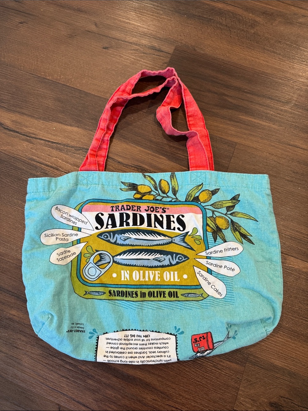 Trader Joe's Sardine Toast Canvas Tote Bag Red Handles Two-Sided Design Rare